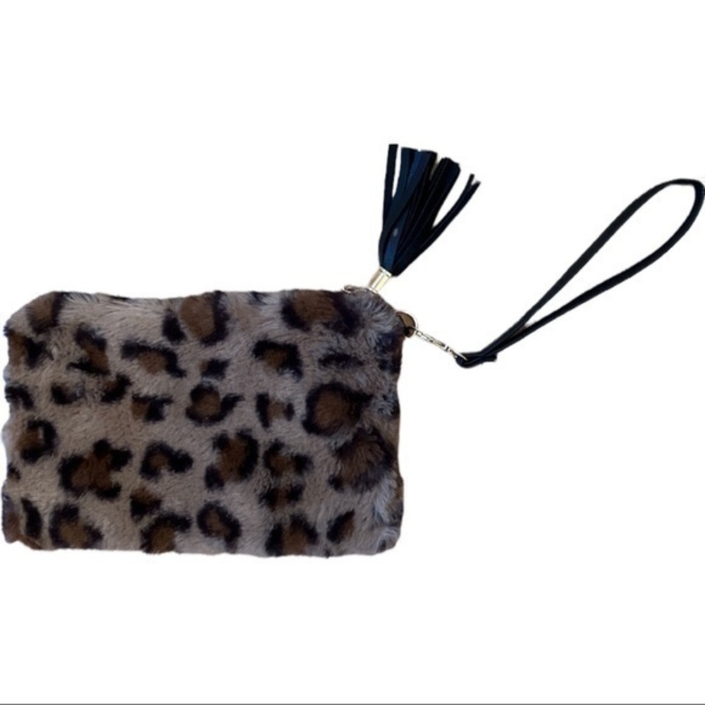 Wristlet leopard furry fuzzy zip with tassel, removable strap for wristlet